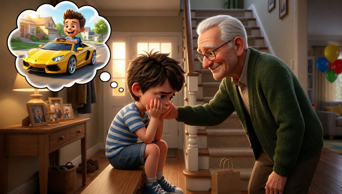 A grandfather comforting a sad boy dreaming of driving a yellow sports car.
