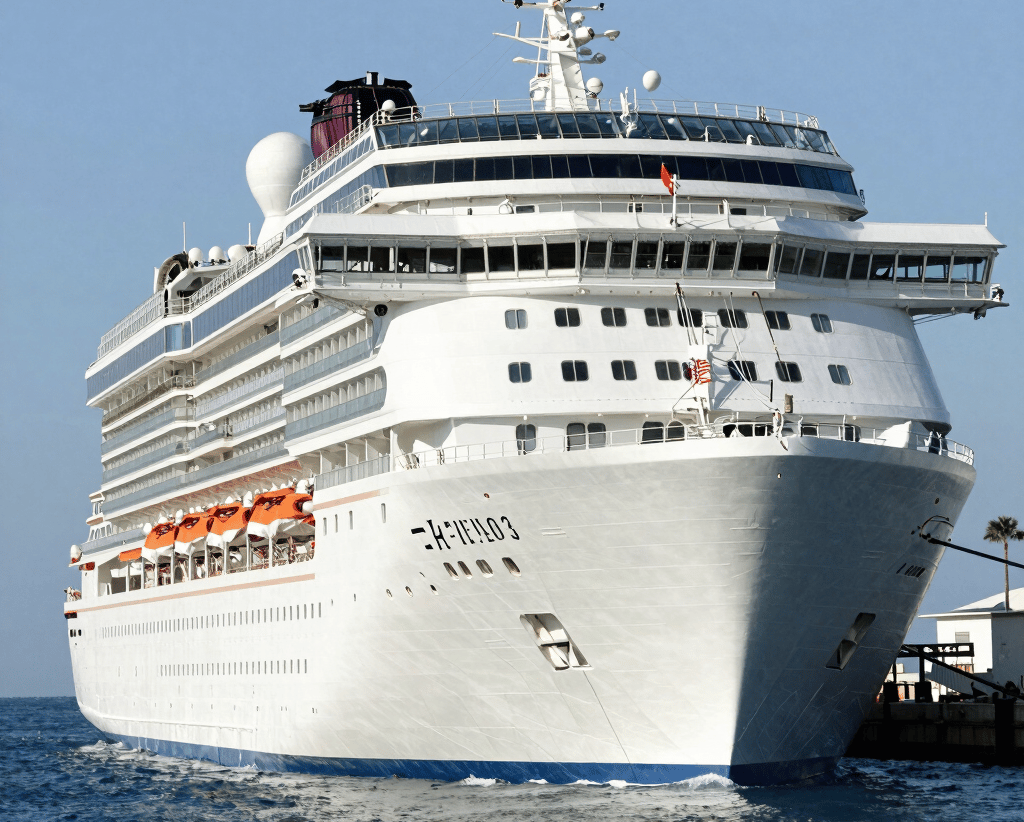 A vibrant cruise ship sailing past turquoise Caribbean waters under a sunny sky.
