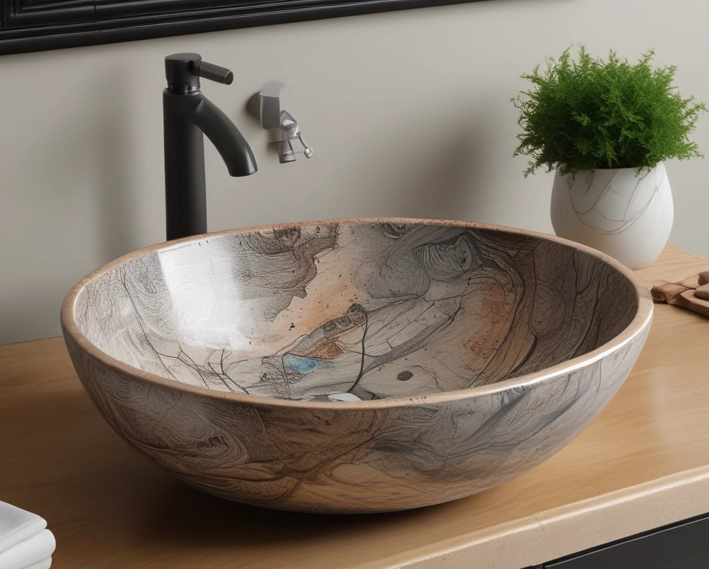 A variety of handmade ceramic items are displayed on a light brown surface. These include colorful plates with floral designs, a large green bowl, several decorative pieces shaped like flowers, leaves, and other nature motifs. Prices are marked with numbers written on small pieces of paper placed next to some items.