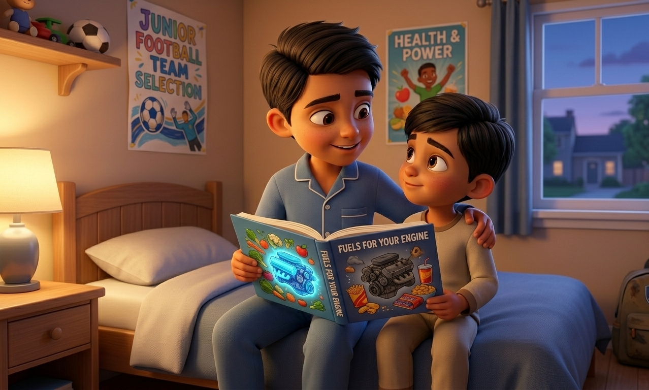Father reading an educational book about healthy nutrition to his young son in a cozy bedroom.
