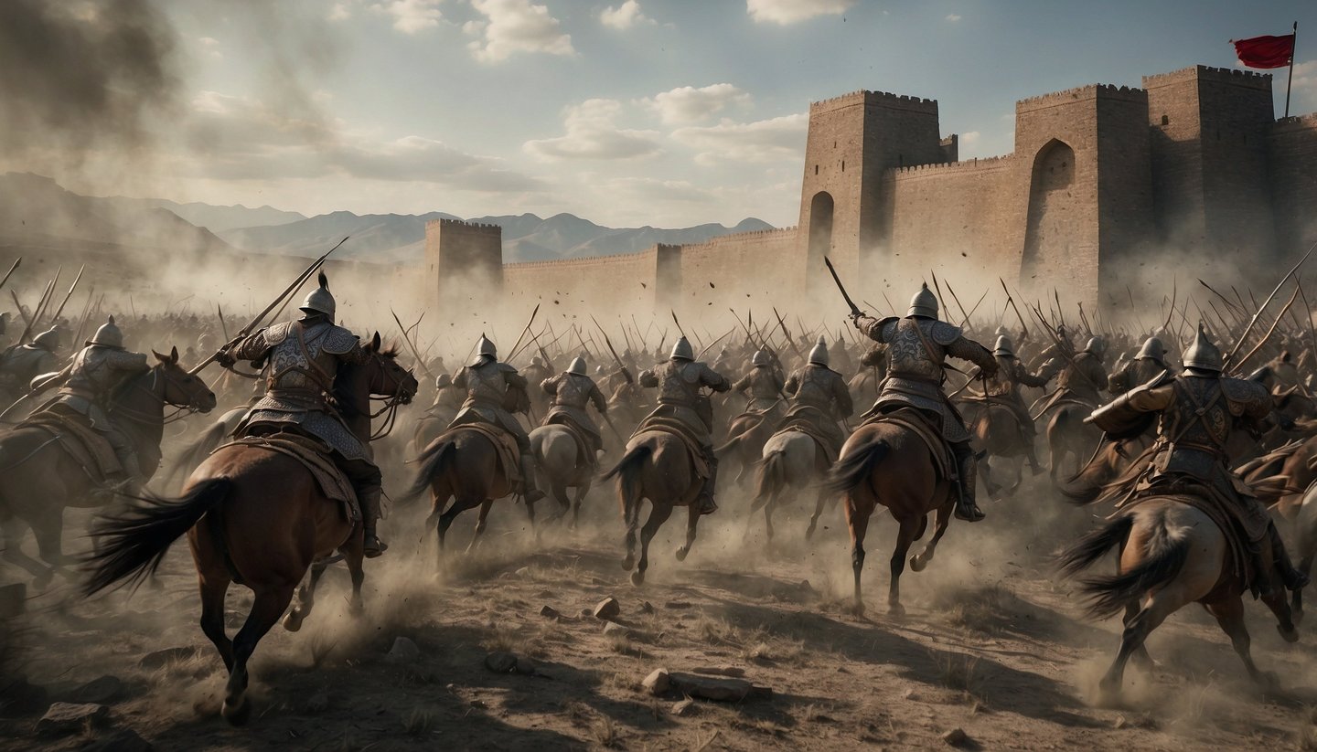 The Mongols using siege warfare tactics
