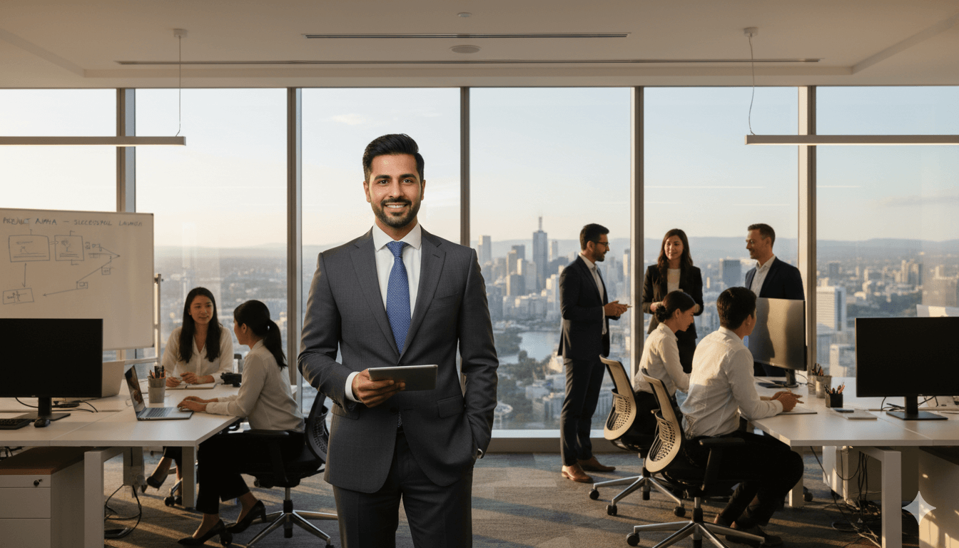 A Pakistani professional in a modern Australian office, showcasing career success