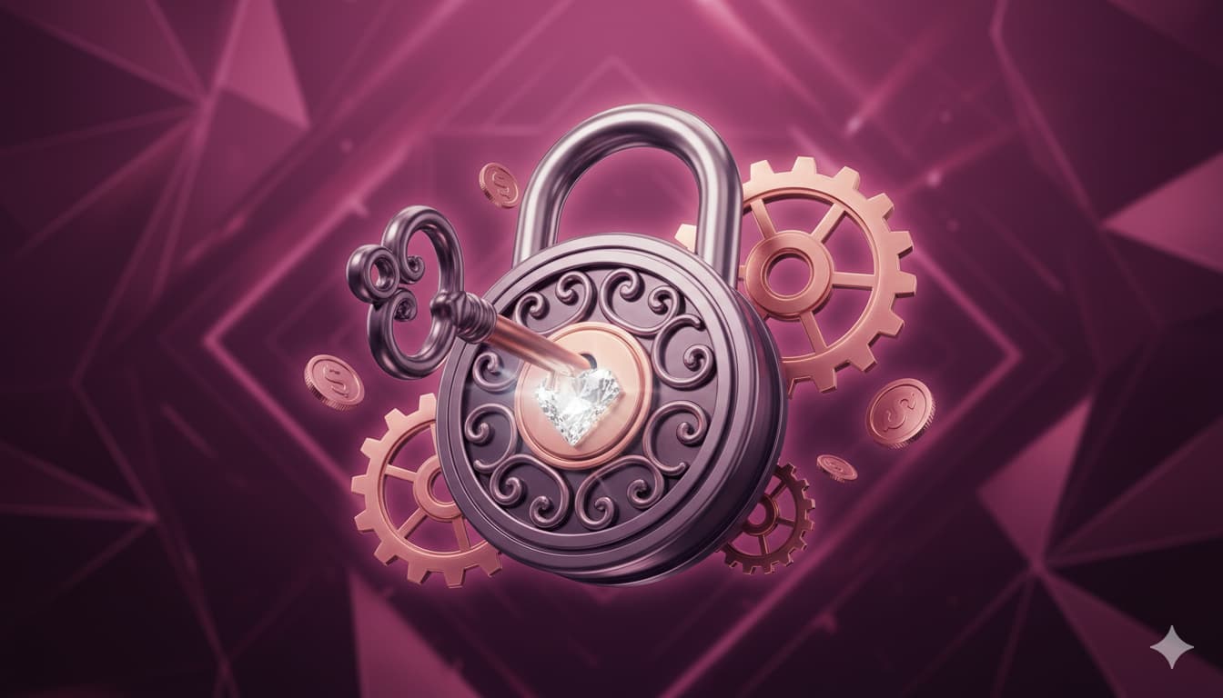 "3D ilustracija luksuznog ružičastog katanca sa dijamantom i ključem za Premium escape room paket."