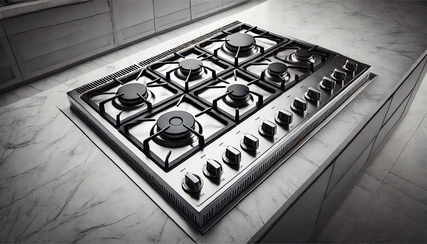 a gas stove with six burners