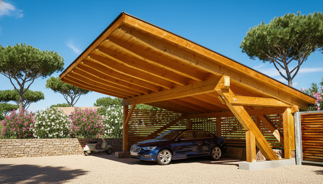 Carport/abris voiture autoportant charpente ardeche aubenas photovoltaïque