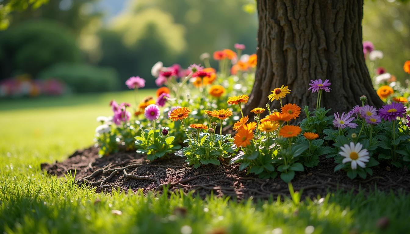 Colorful spring flowers blooming in a garden bed at the base of a large tree trunk.