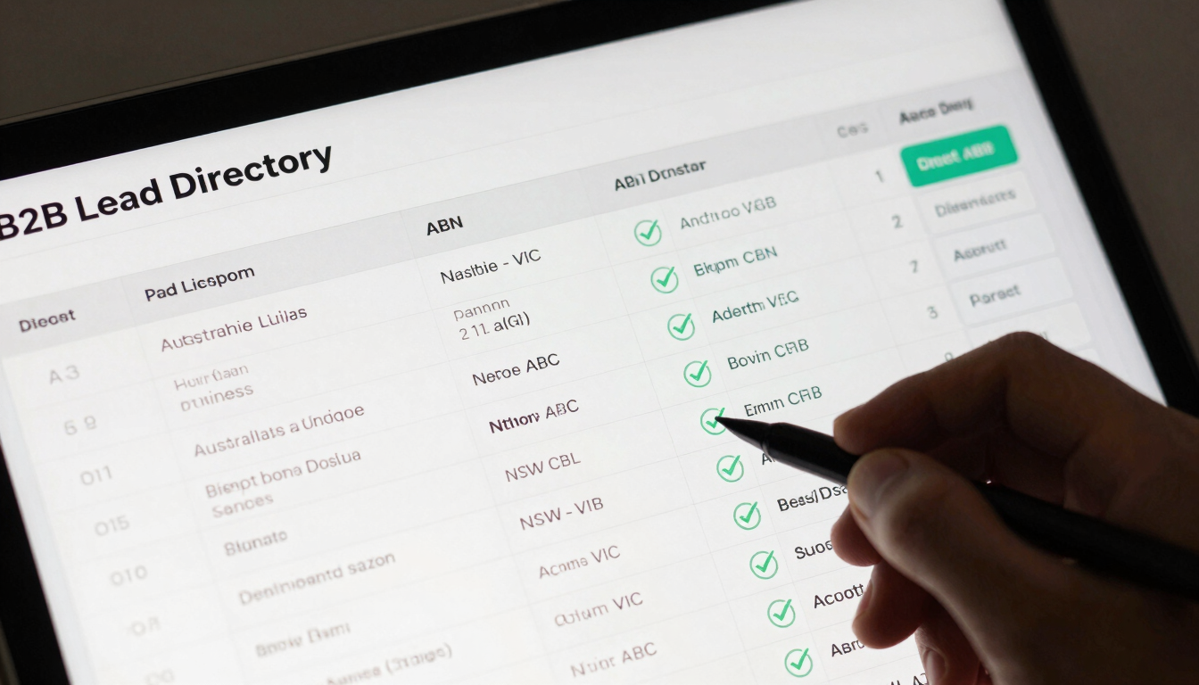 High-fidelity UI mockup of a B2B lead directory table, featuring real Australian business names, NSW and VIC locations, active ABN badges, verified email checkmarks, and direct dial columns, clean white interface.