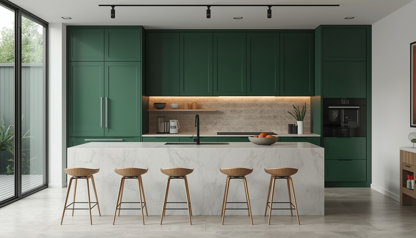 cocina con puertas lacadas verde oliva y encimera dekton en Santa Fé, Granada
