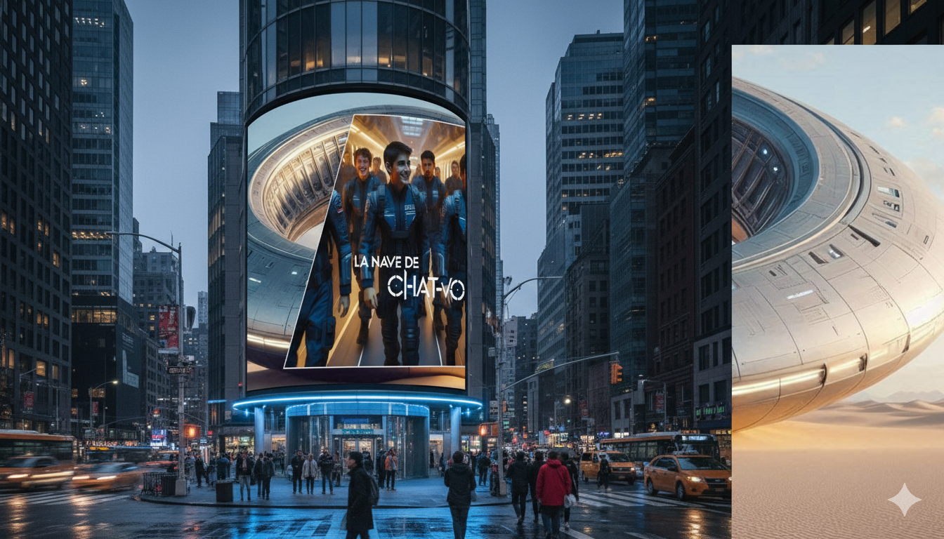 Un gran anuncio de La Nave de Chatvo en un gran edificio de una gran avenida en una  ciudad