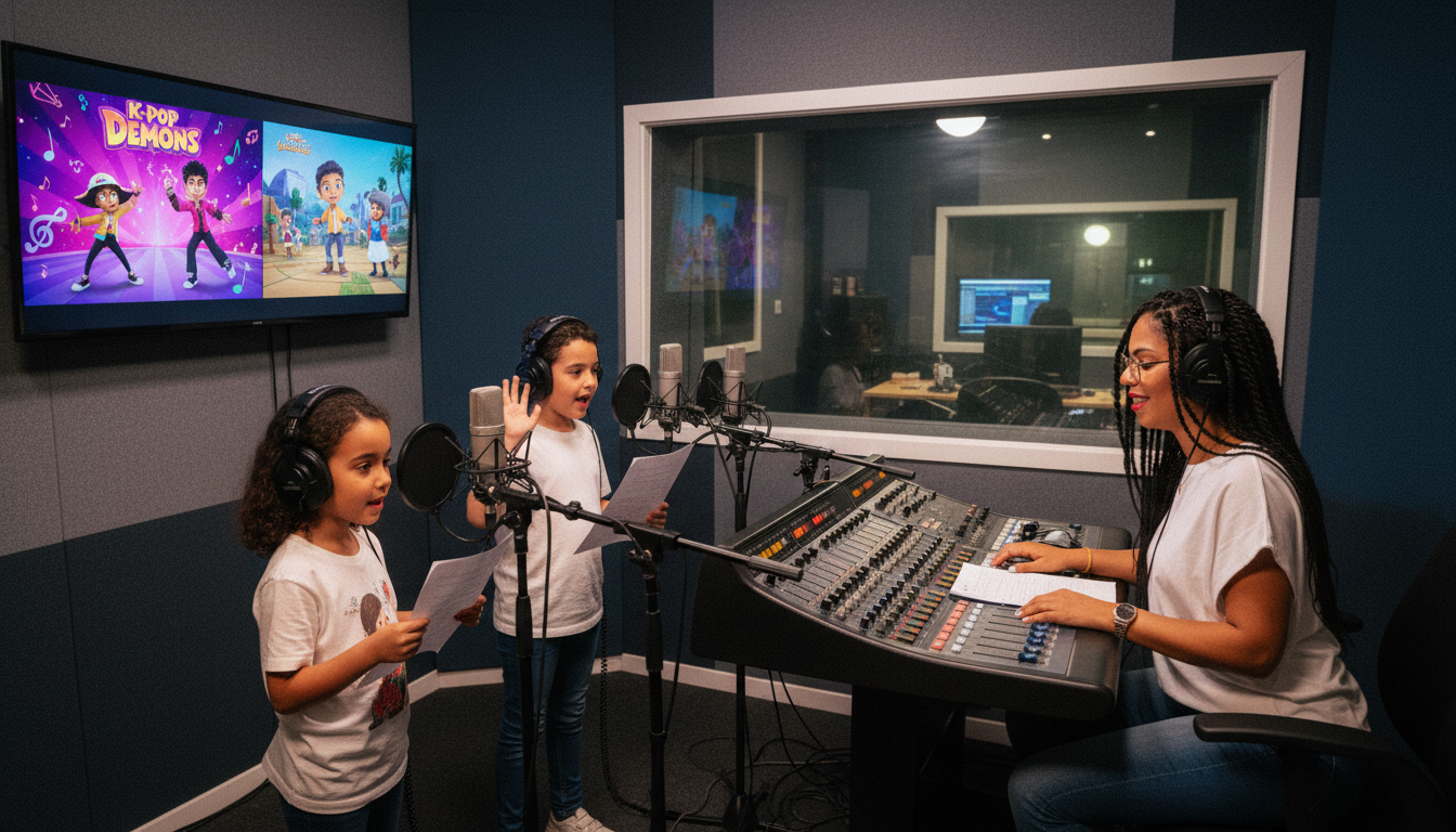 Two young girls recording voiceovers in a professional studio with a sound engineer and mixing console.