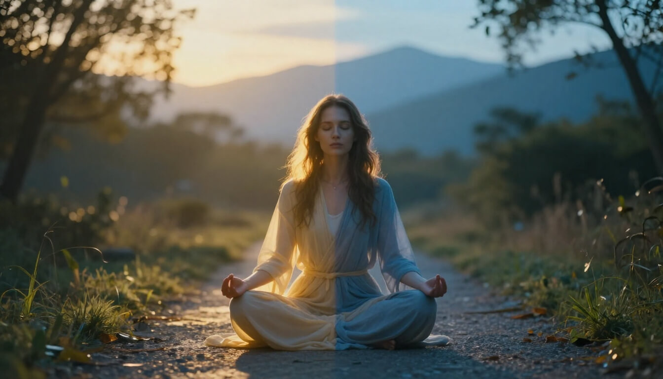 Woman meditating at crossroads representing intuition versus anxiety choice