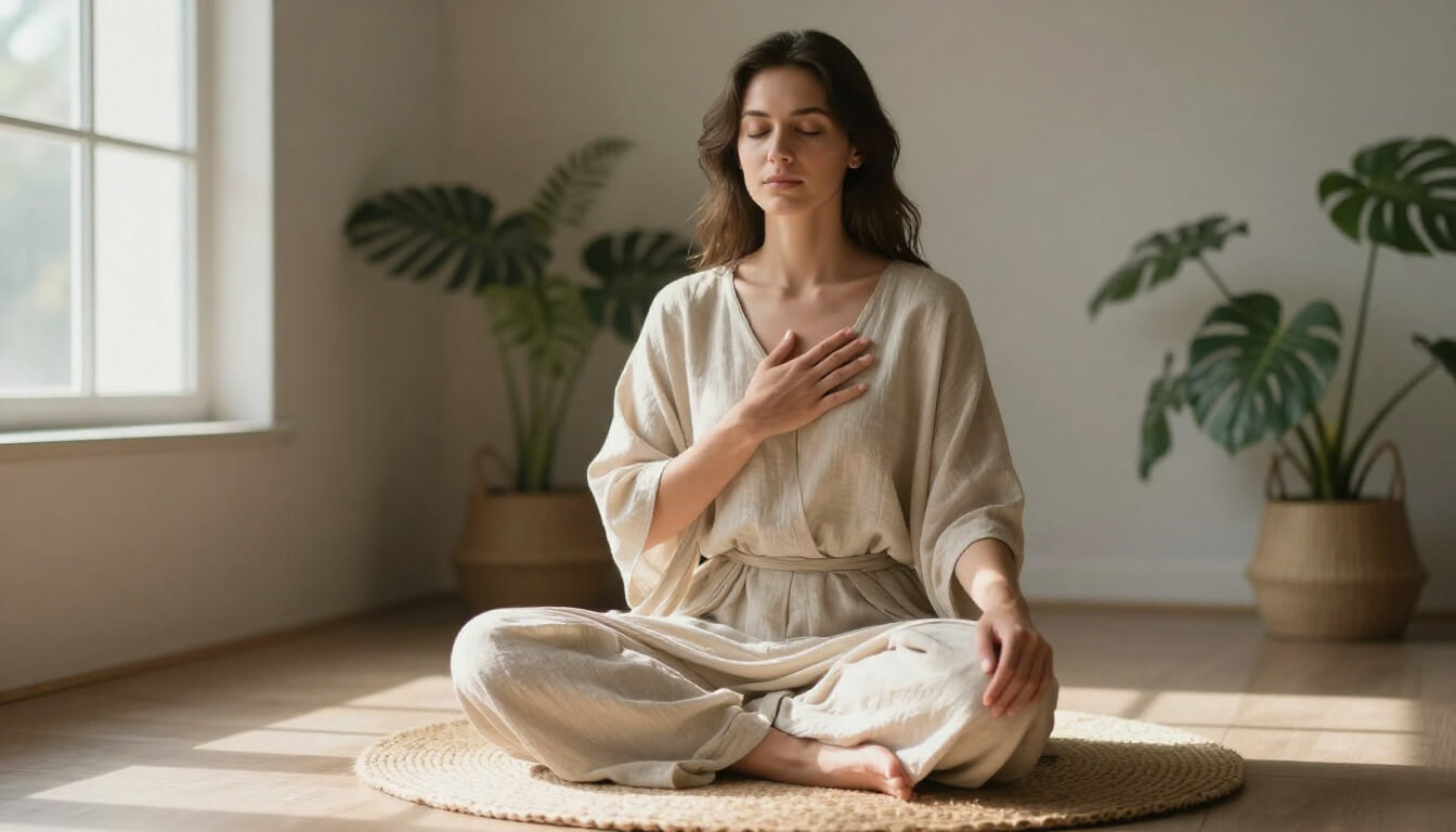 Woman practicing self-compassion meditation with hand on heart for nervous system regulation