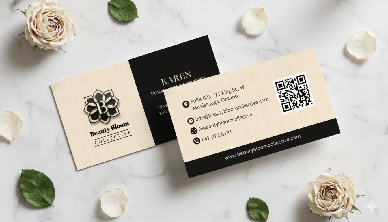Elegant Beauty Bloom Collective business cards on marble with white roses and green leaves.
