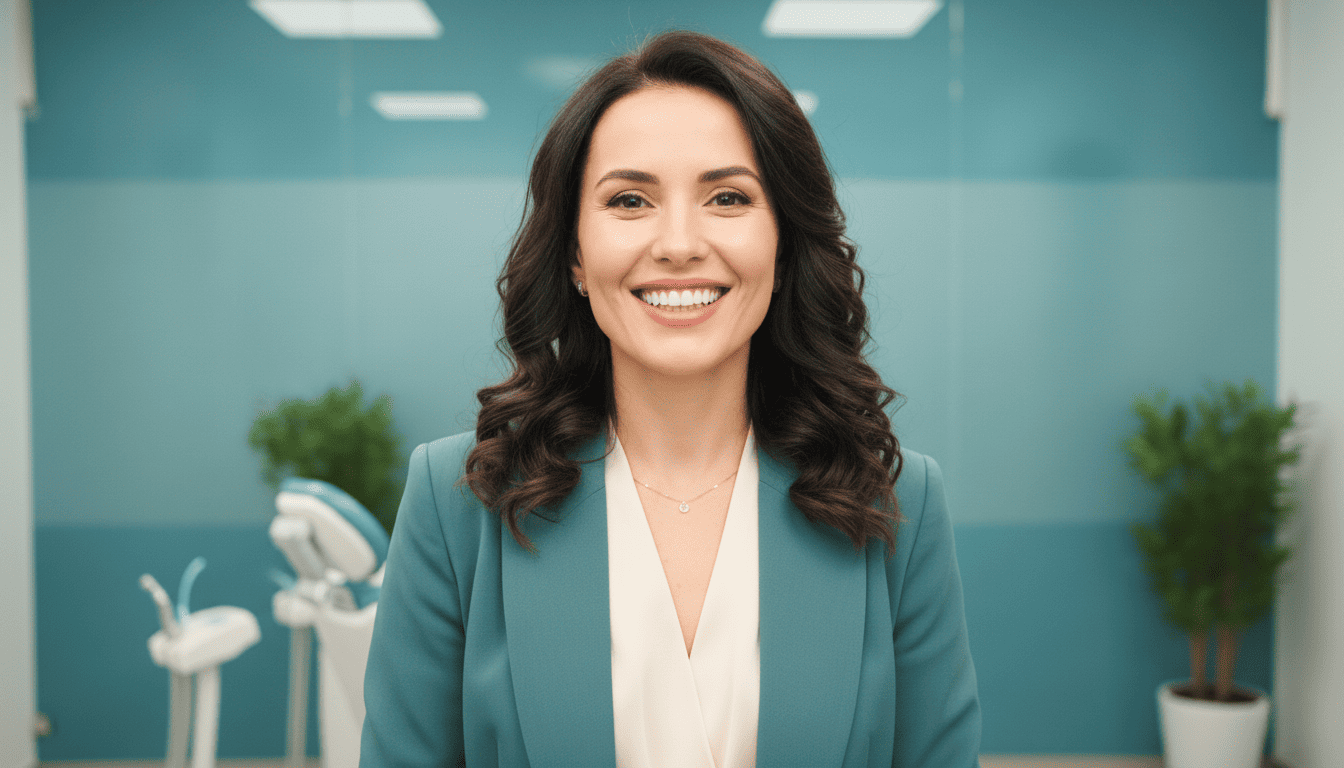 Una mujer sonríe amistosamente a la cámara, vestida con un blazer turquesa y una blusa blanca