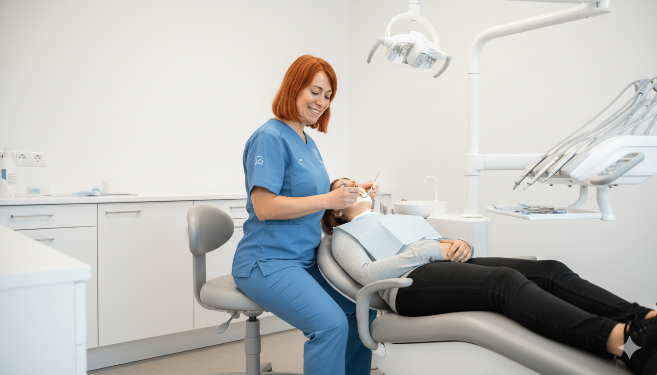 Una dentista sonriente realizando un examen dental a una paciente recostada en el sillón dental