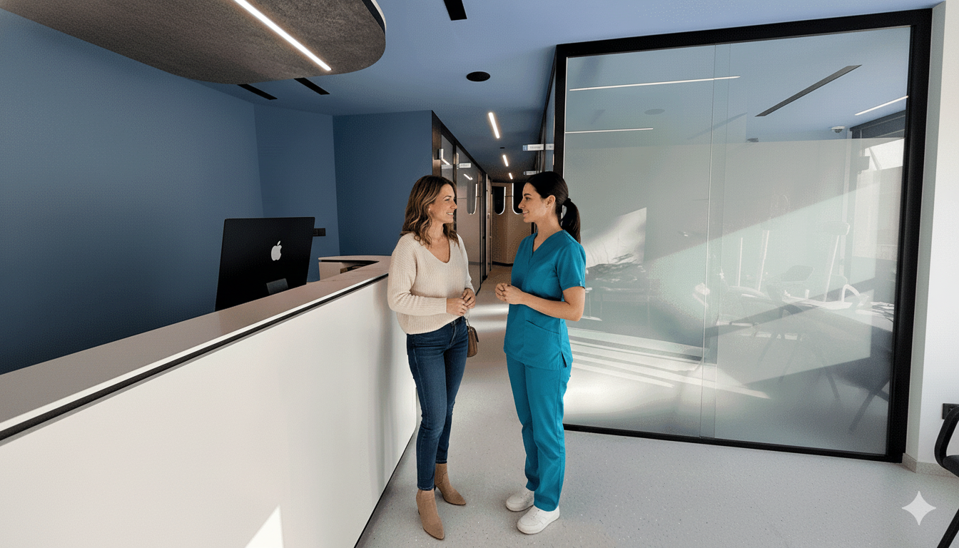 Una paciente y una odontóloga conversando amistosamente en la recepción de una clínica moderna