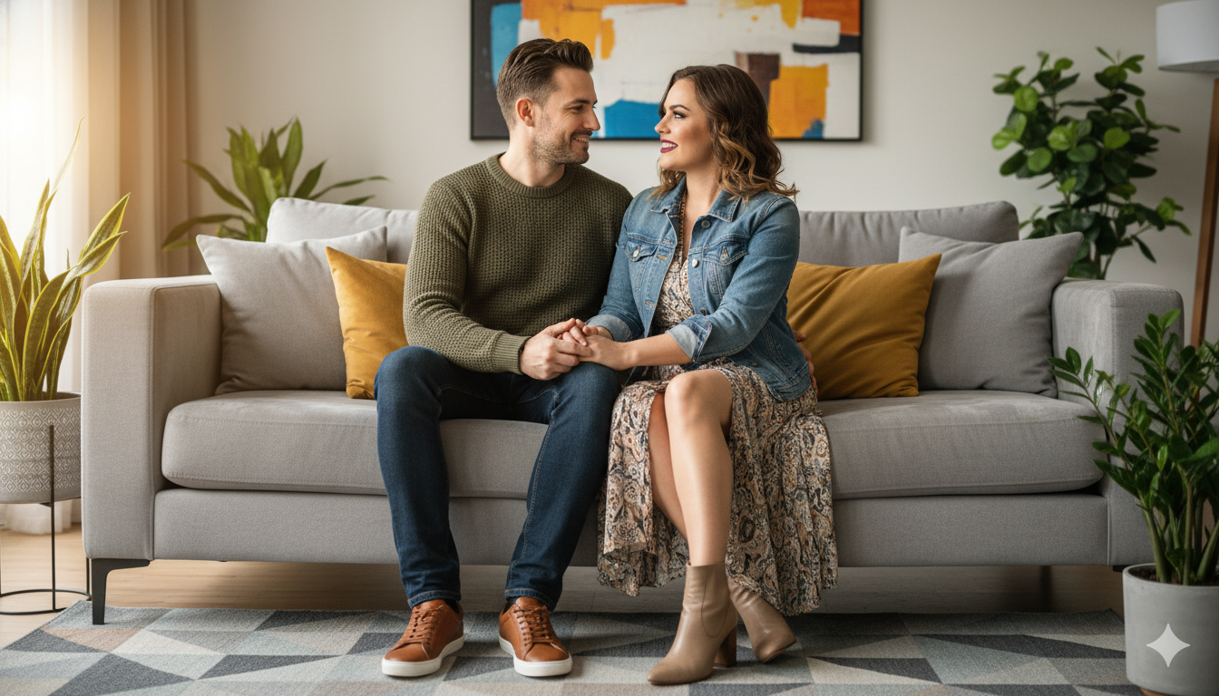 "Una pareja feliz y sonriente sentada en un sofá, mirándose con cariño y tomados de la mano