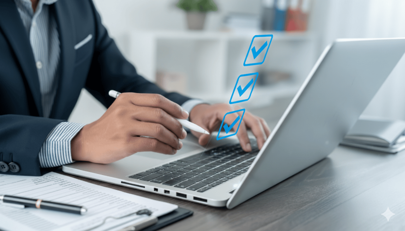 Close-up of professional using laptop with checklist overlay, symbolizing ERP business case success.