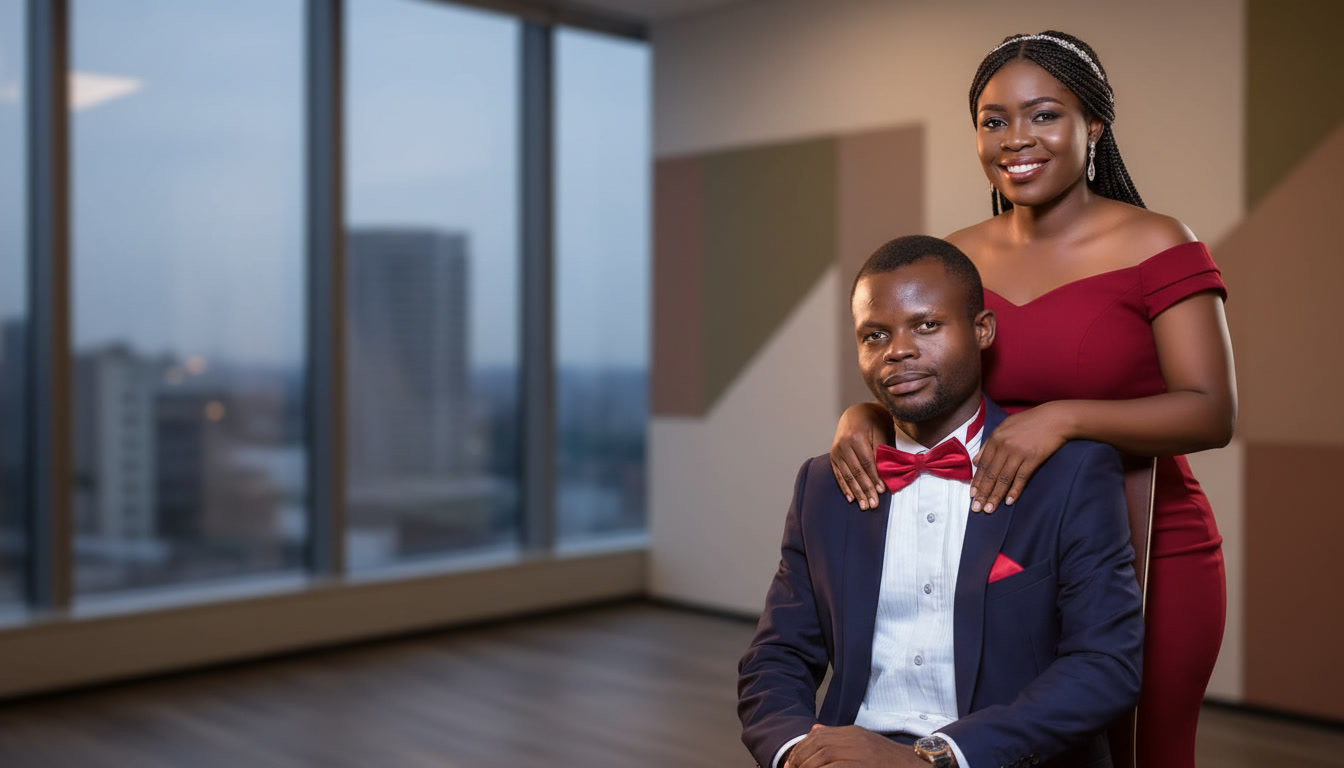 A smiling African couple in elegant formal attire posing for a portrait in a modern city office.