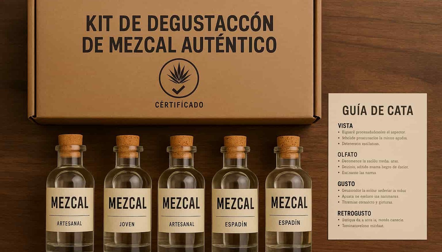 Kit de degustación premium de mezcal artesanal con botellas pequeñas y guía de cata