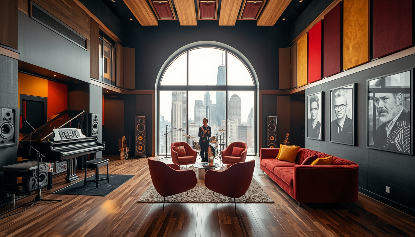 uma sala de estar com um piano sofás e caixas de som