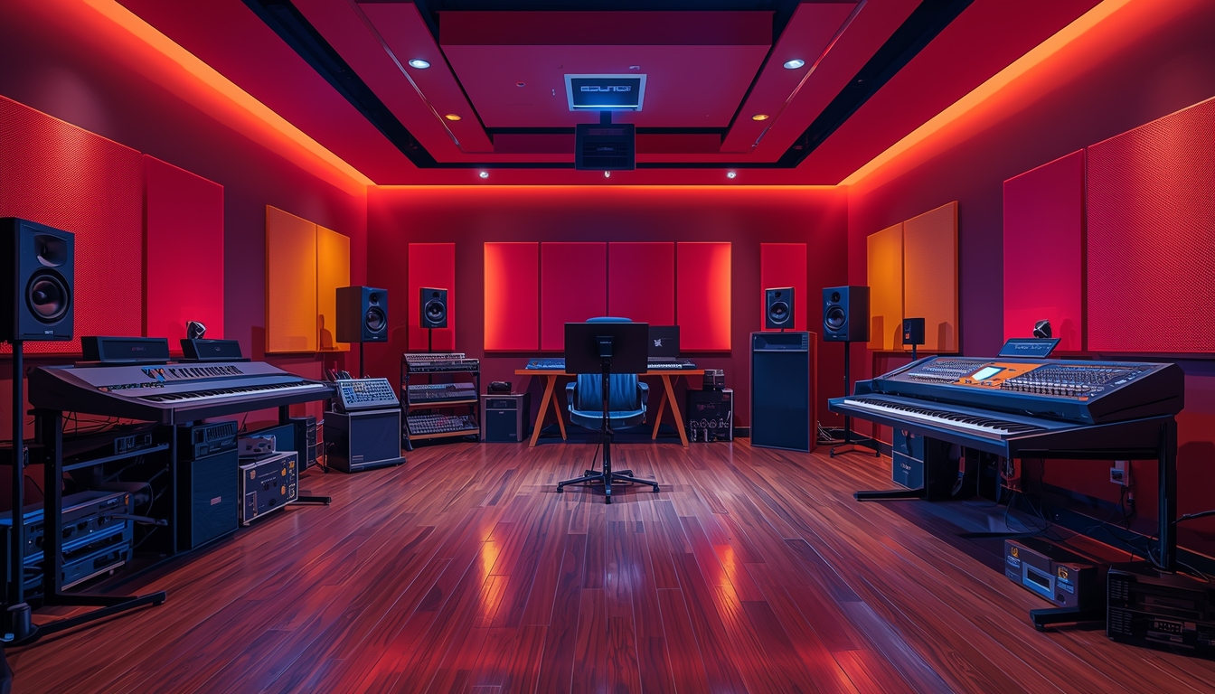 uma sala com um piano, uma cadeira e um piano