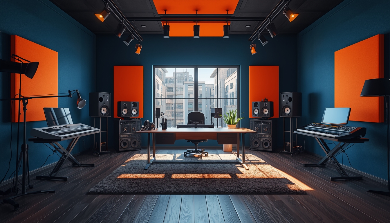 uma sala com um piano, um teclado e uma mesa