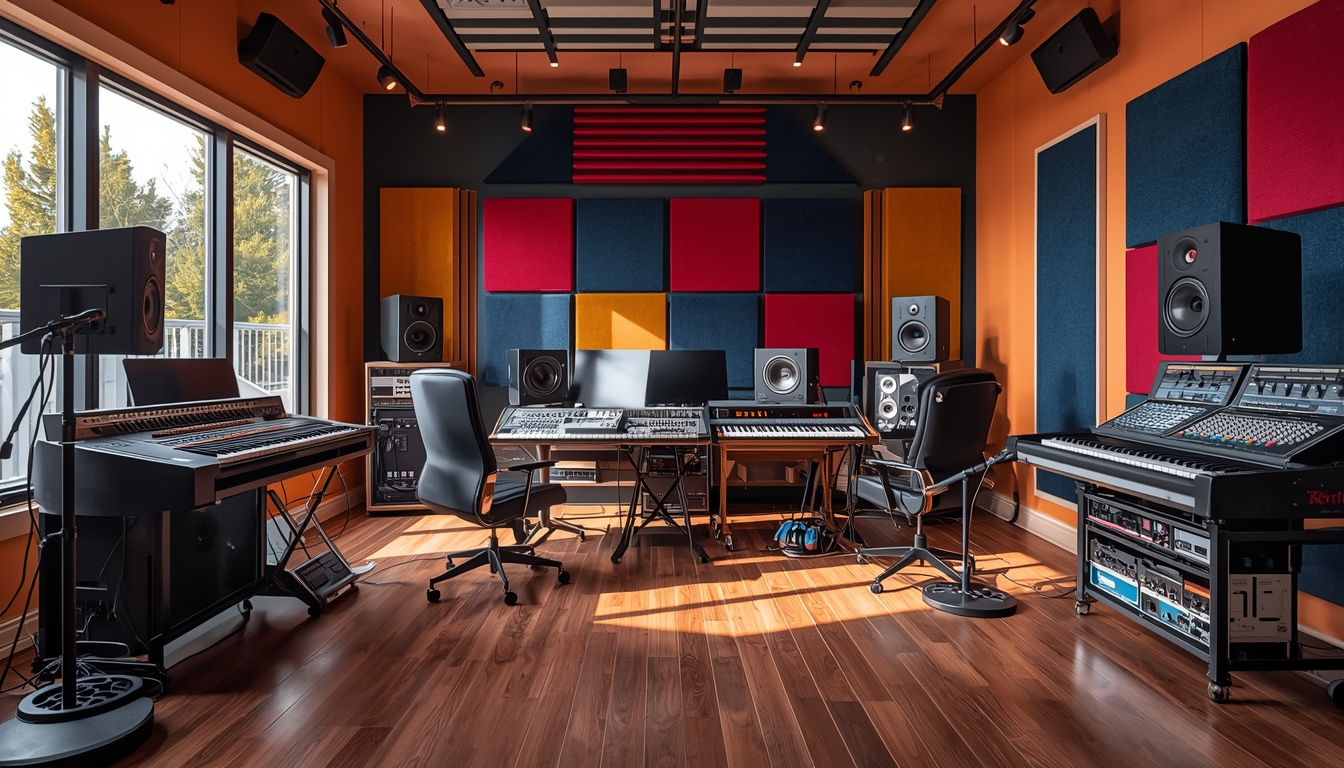 uma sala com um piano, um teclado e um teclado