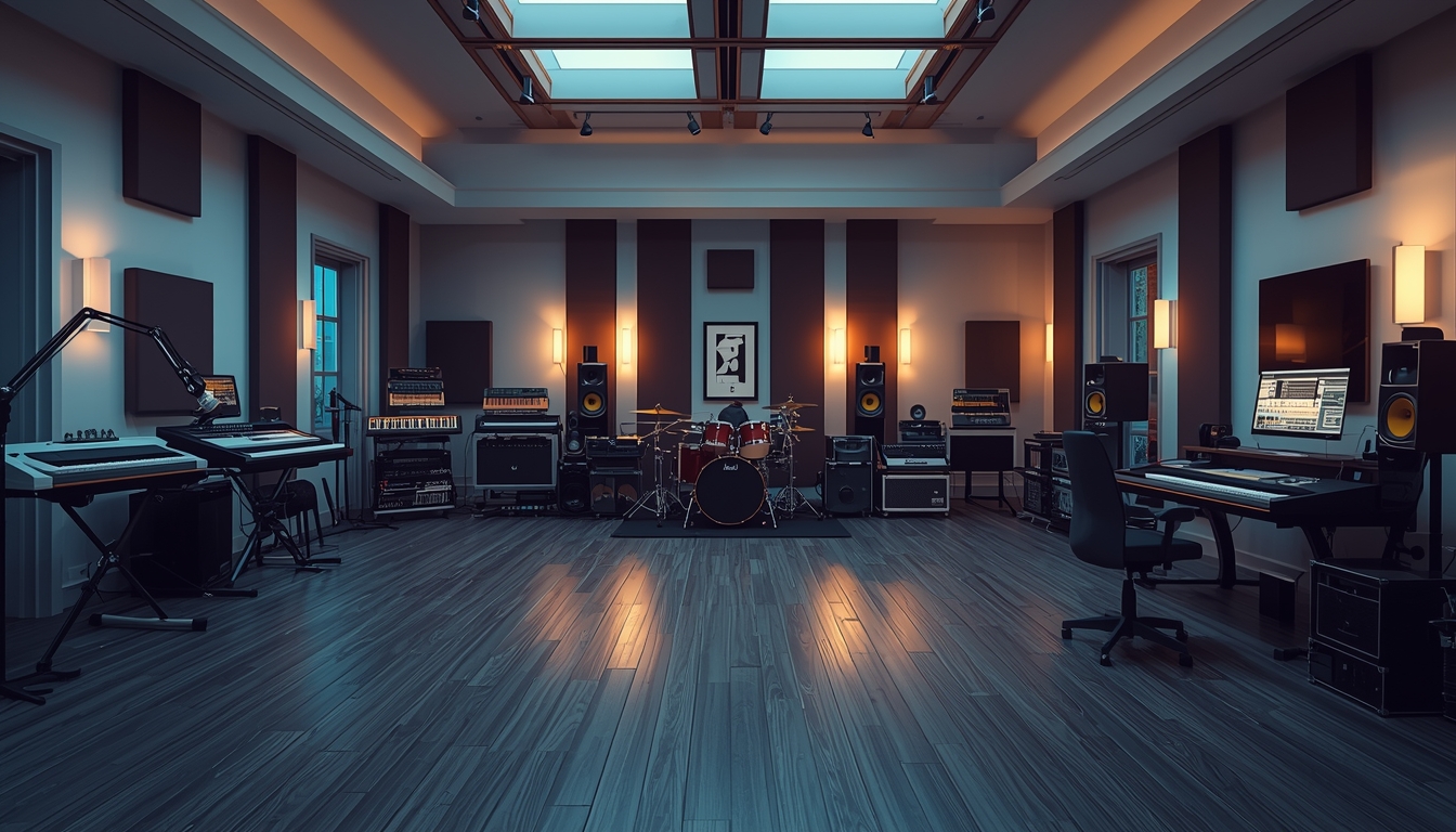  uma sala com um piano, um teclado, bateria e amplificadores