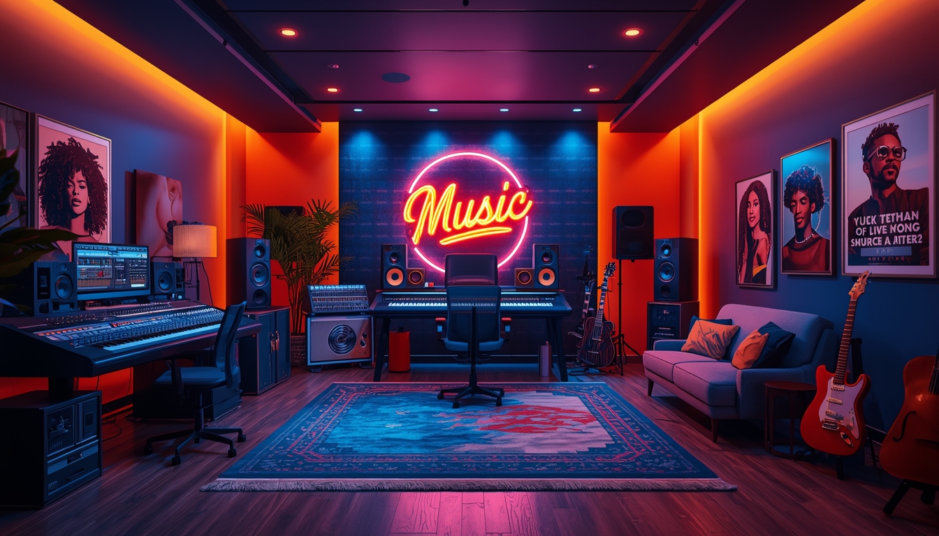 um estúdio de música com um estúdio de músicacom guitarra e mesa de som, sofá