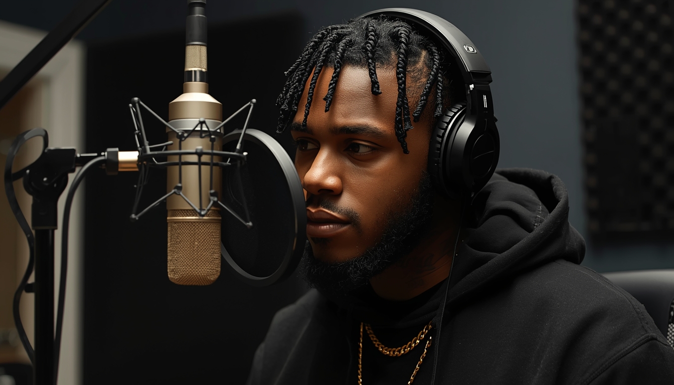 Produção musical rap profissional em estúdio com artista underground criando música