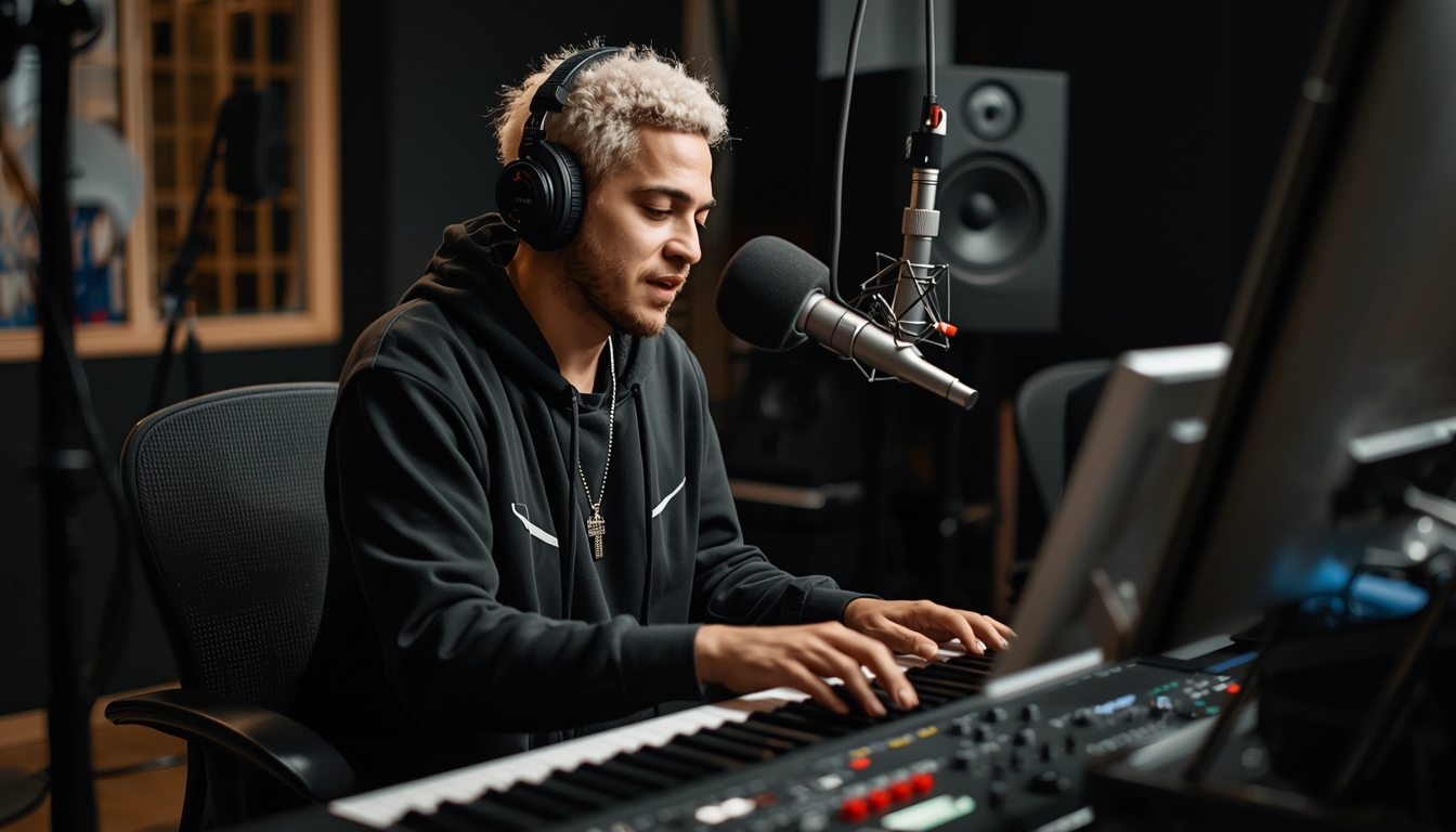 Rapper independente escrevendo letra dentro de estúdio de produção musical