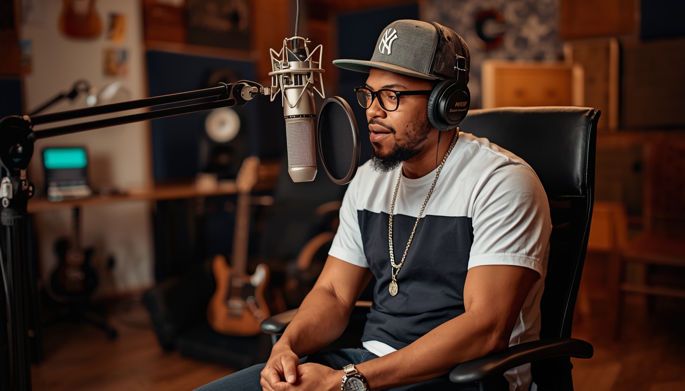 Rapper ouvindo música com fones em estúdio após finalizar produção musical