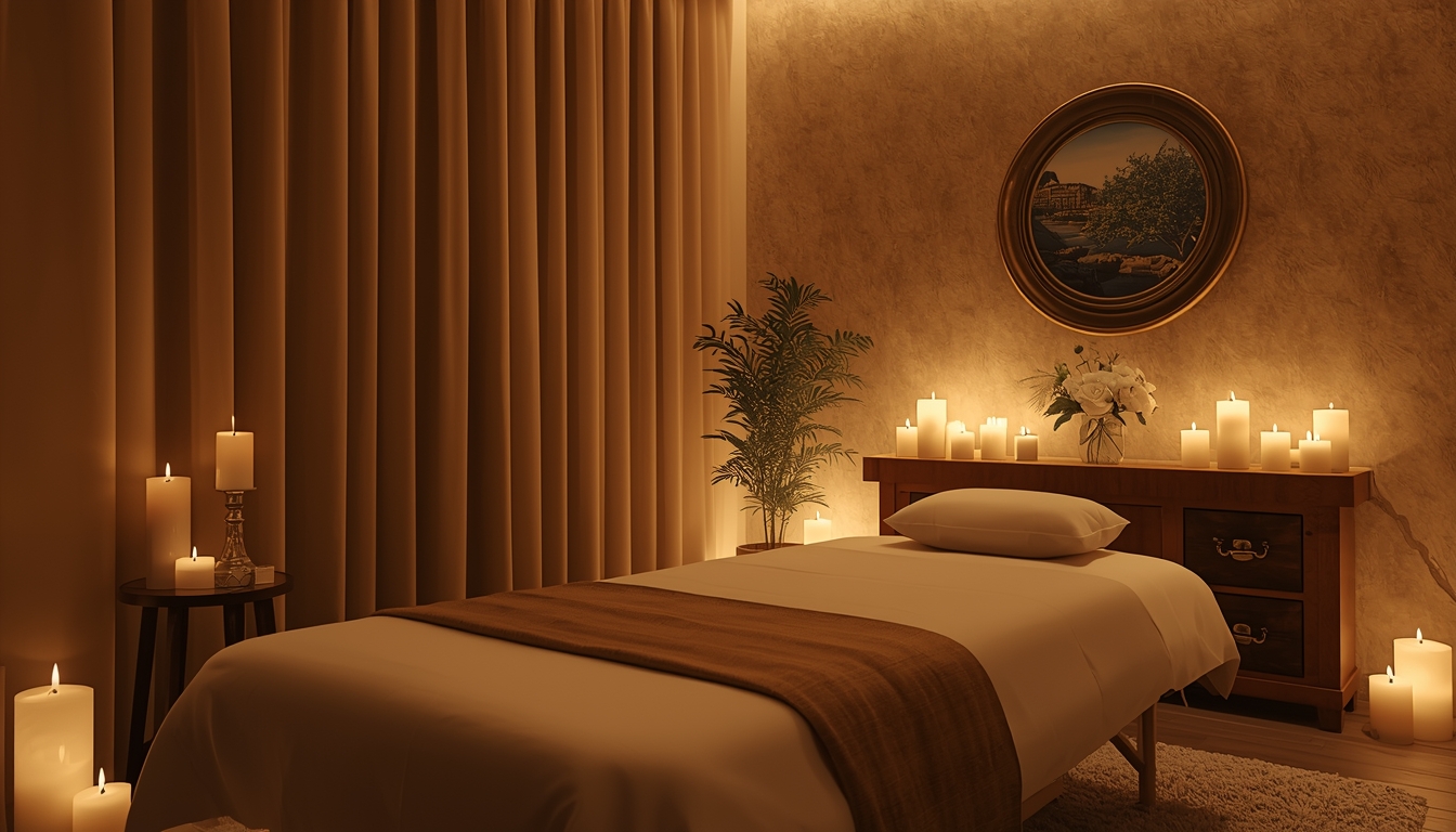Ambiente elegante preparado para sessão de massagem erótica no Porto com iluminação suave e atmosfer