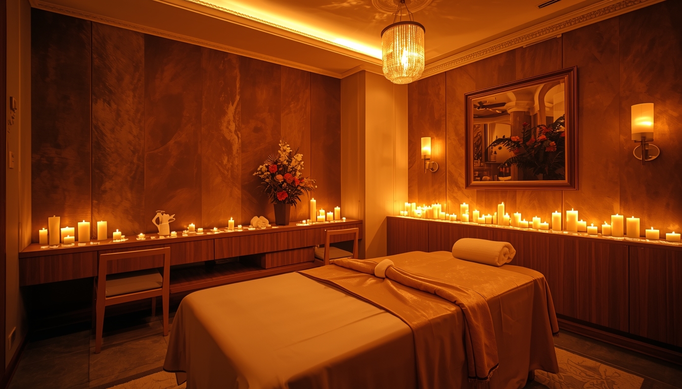 Ambiente elegante preparado para massagem sensual ou erótica no Porto com iluminação suave e atmosfe