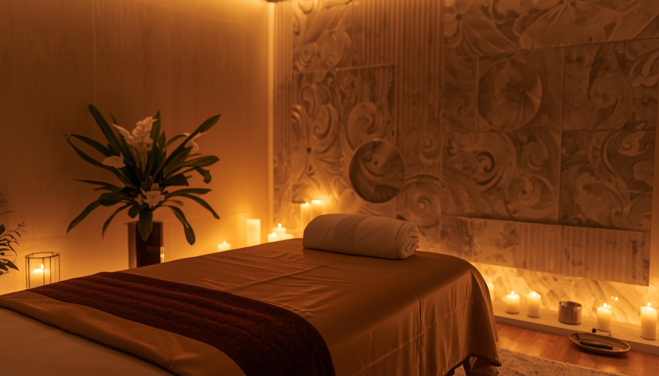 Espaço elegante preparado para sessão de massagem sensual no Porto, com iluminação suave e ambiente