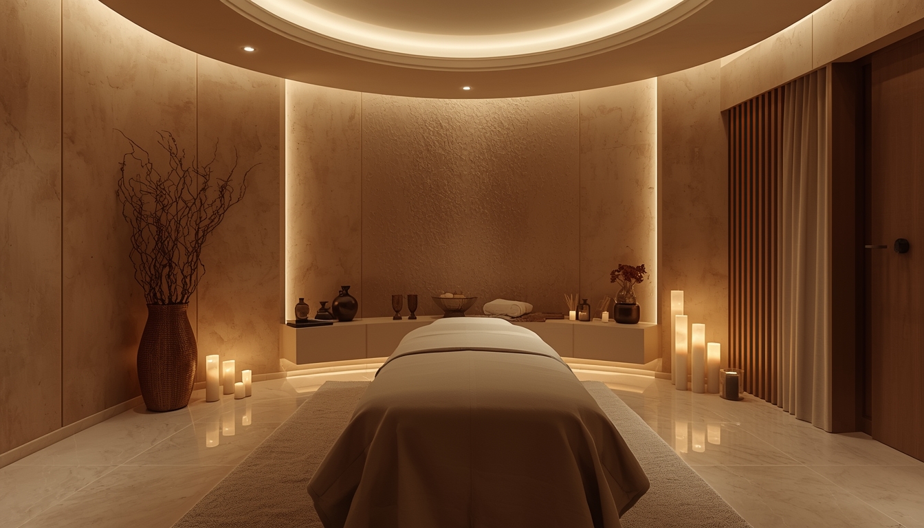 uma sala de massagem com uma maca e velas