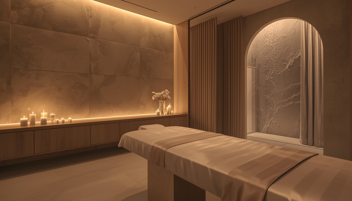 Ambiente elegante para sessão de massagem tântrica no centro do Porto com iluminação suave e atmosfe