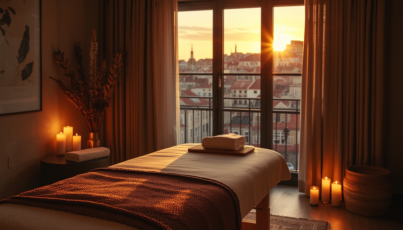 Ambiente elegante preparado para sessão de massagem tântrica no Porto com iluminação suave e atmosfe