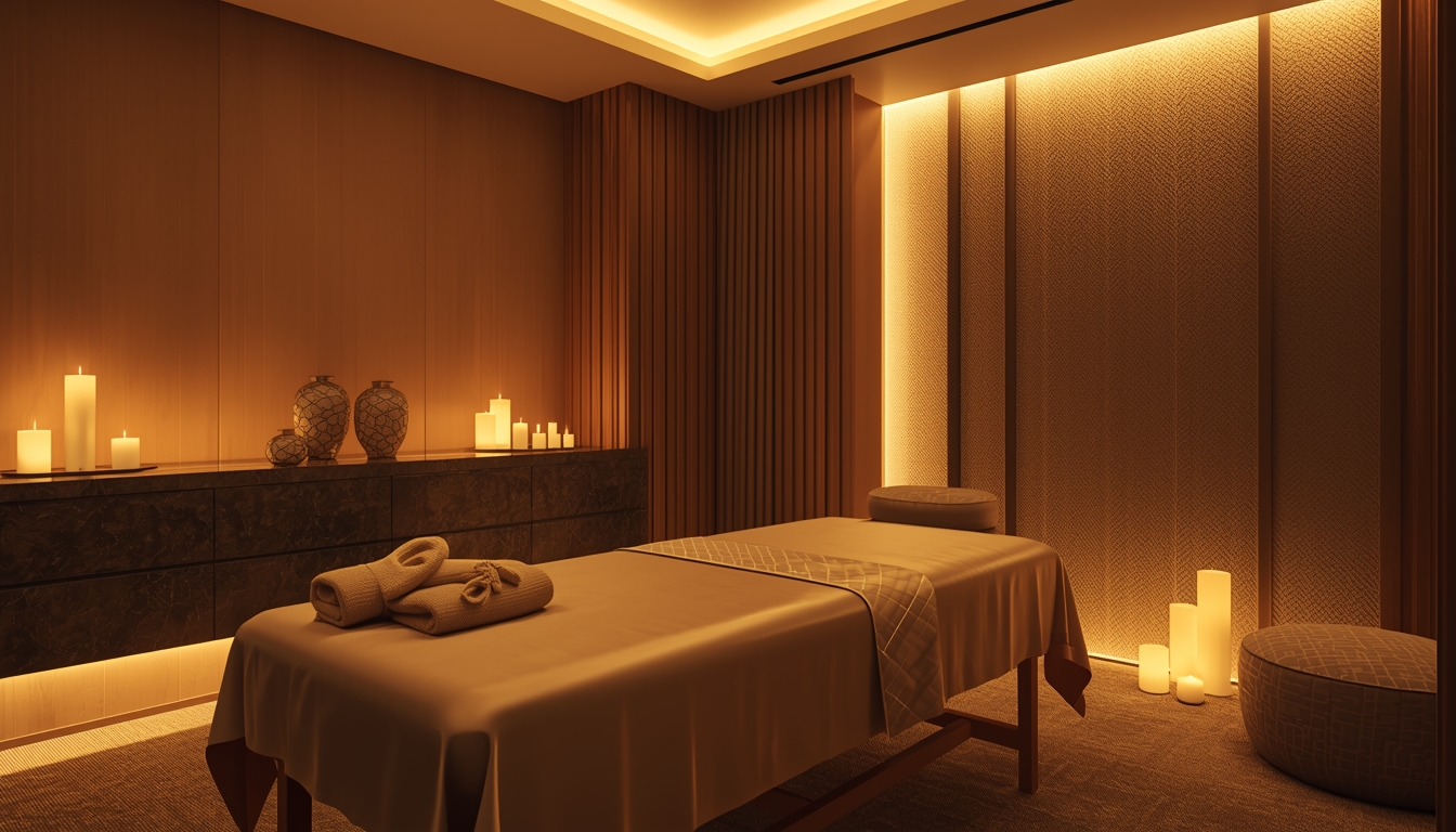 Ambiente elegante preparado para primeira sessão de massagem erótica no Porto com iluminação suave e