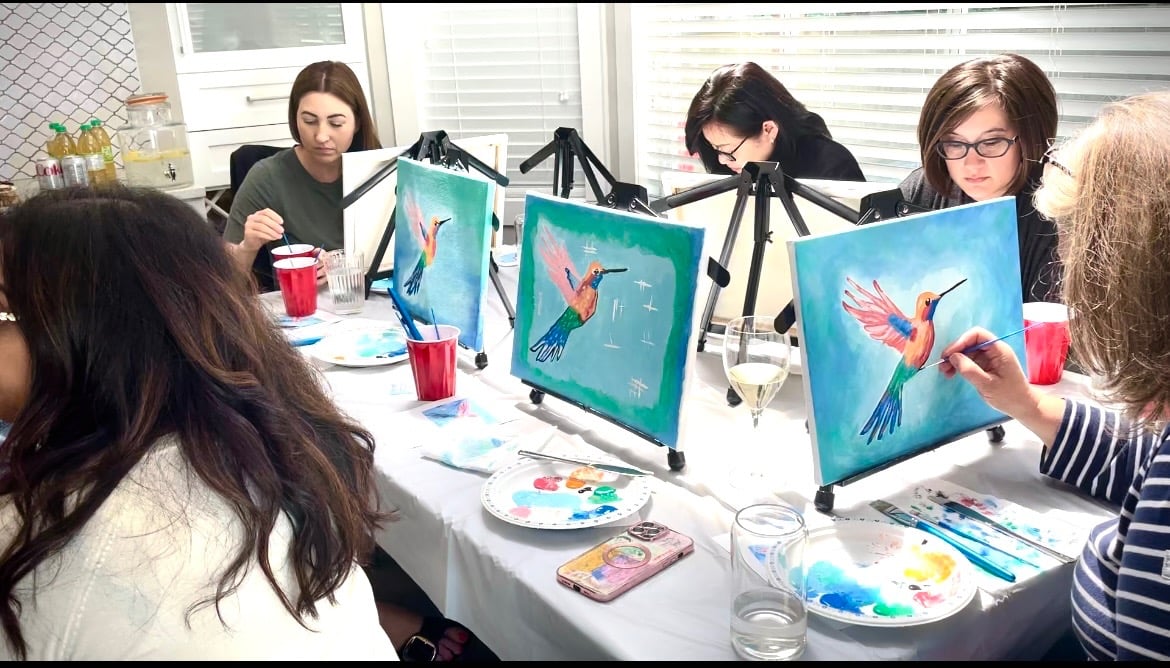 Staff appreciation paint party, Painting whimsical birds