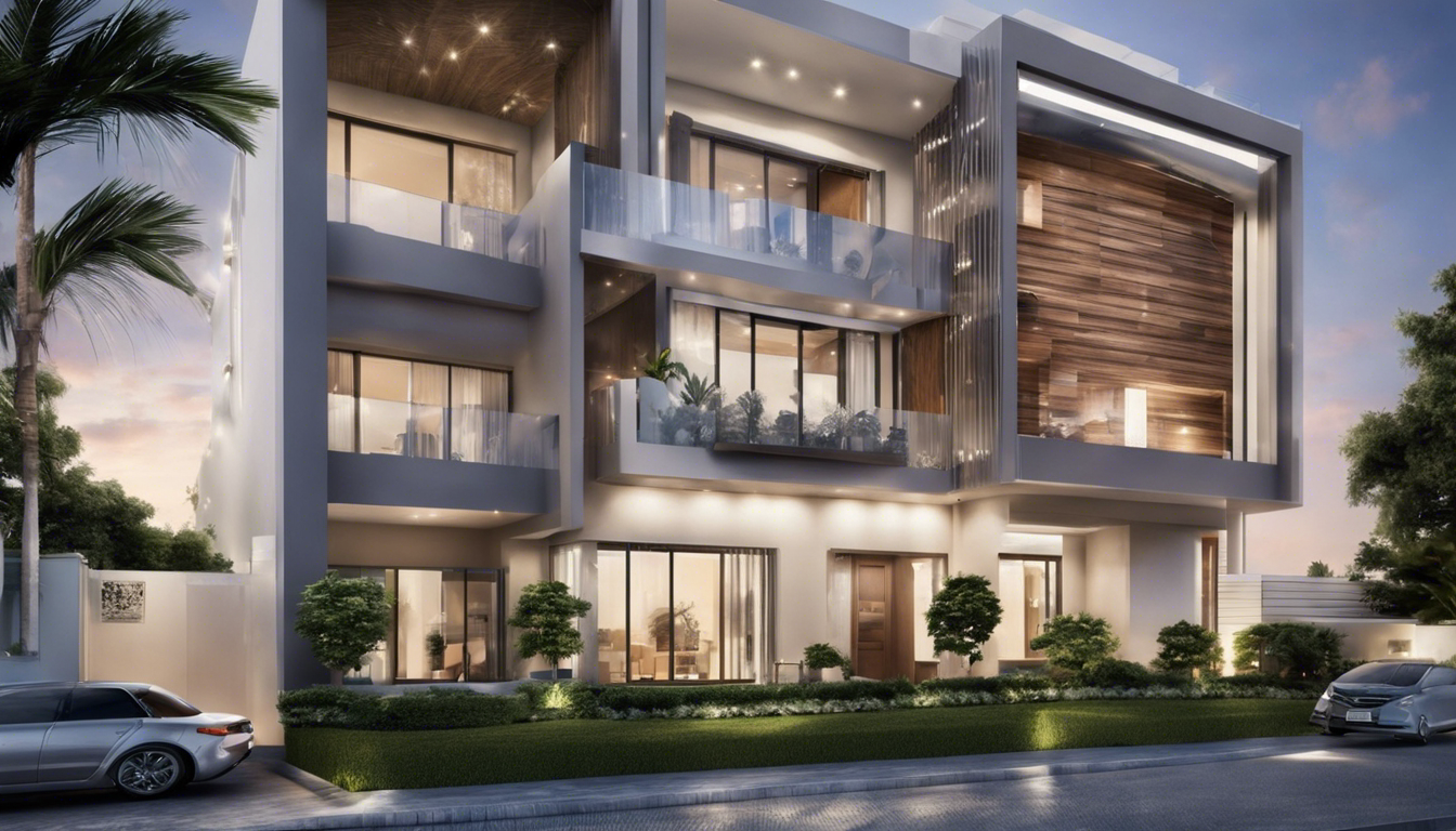 a modern house with a large balcony and a car parked in front of it