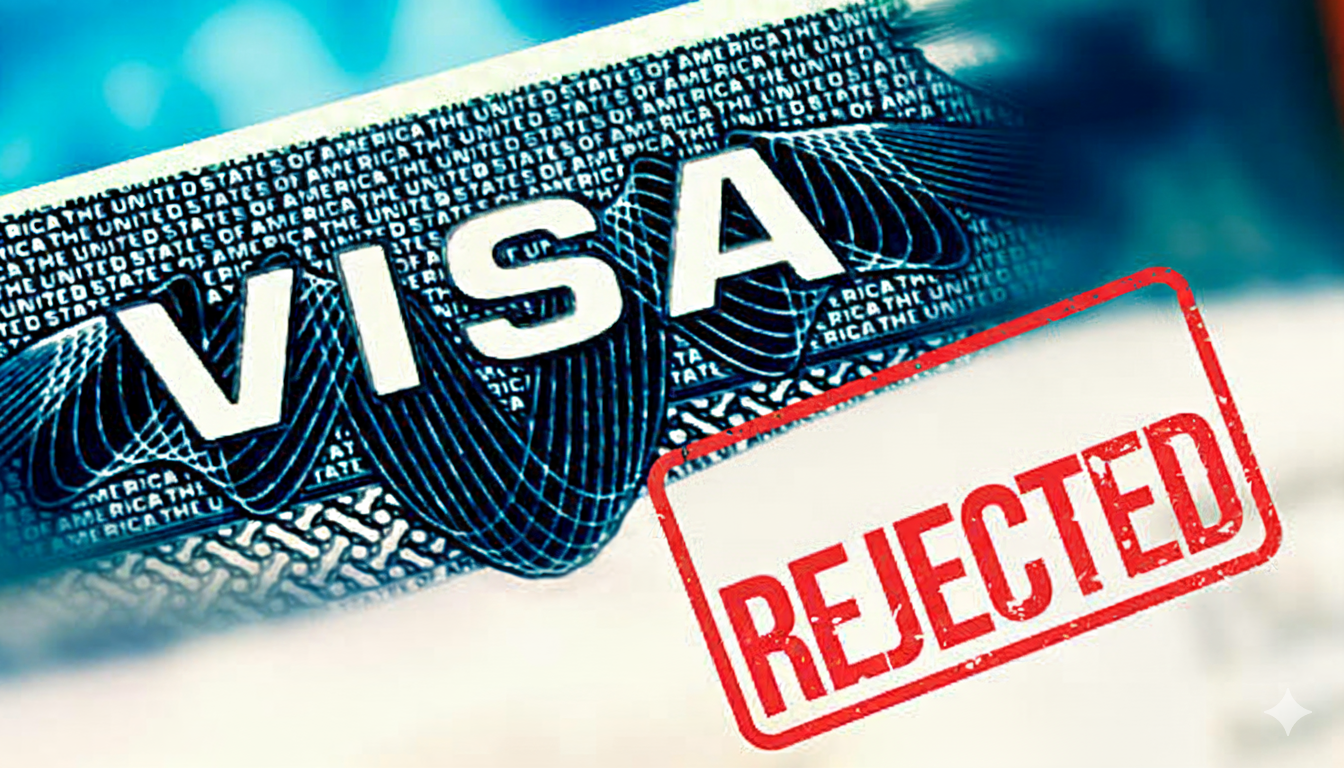 Close-up of a visa document with the word VISA visible, overlaid with a large red, rubber-stamp styl