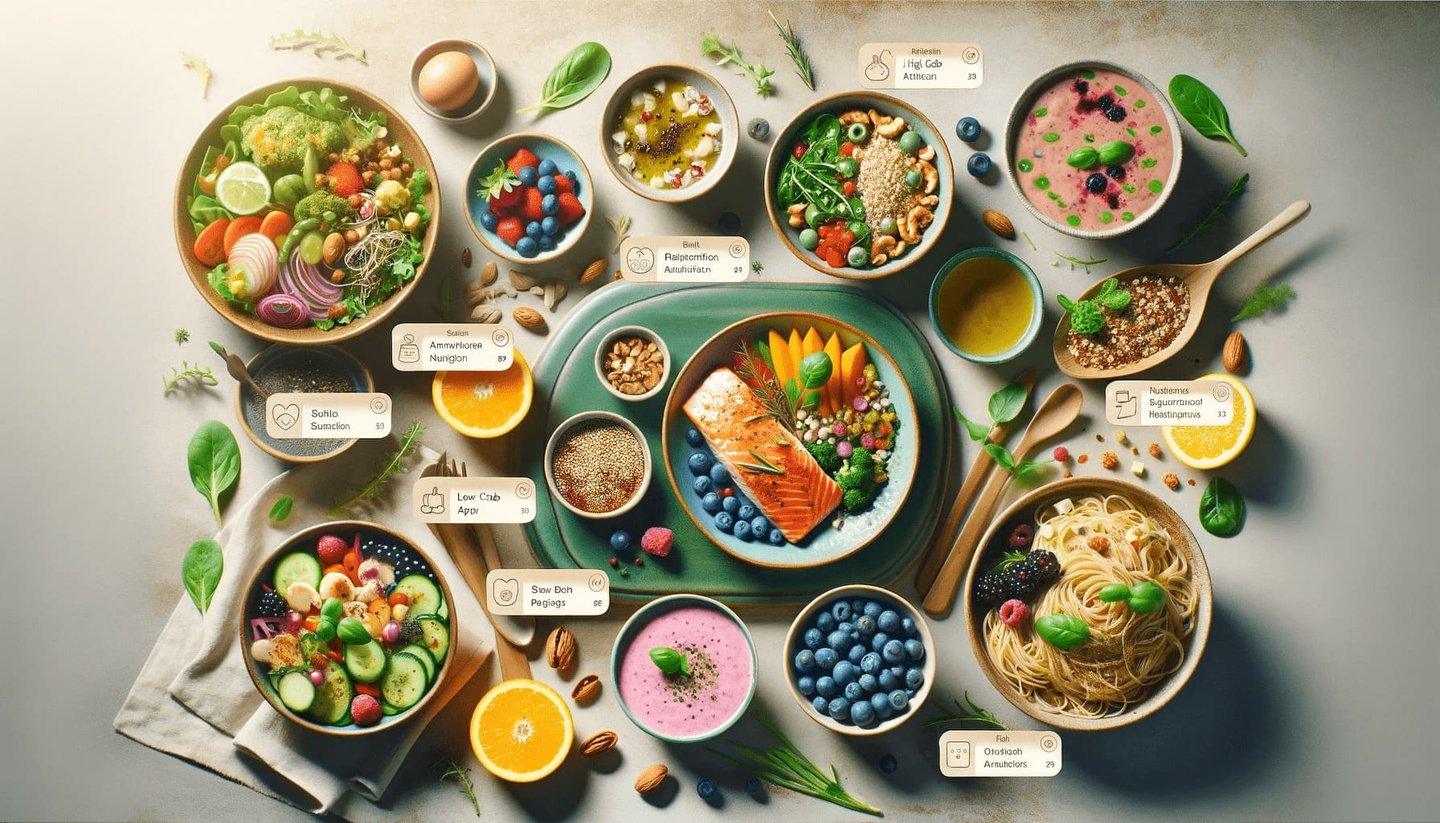 A colorful display of various healthy dishes recommended by an AI nutrition app