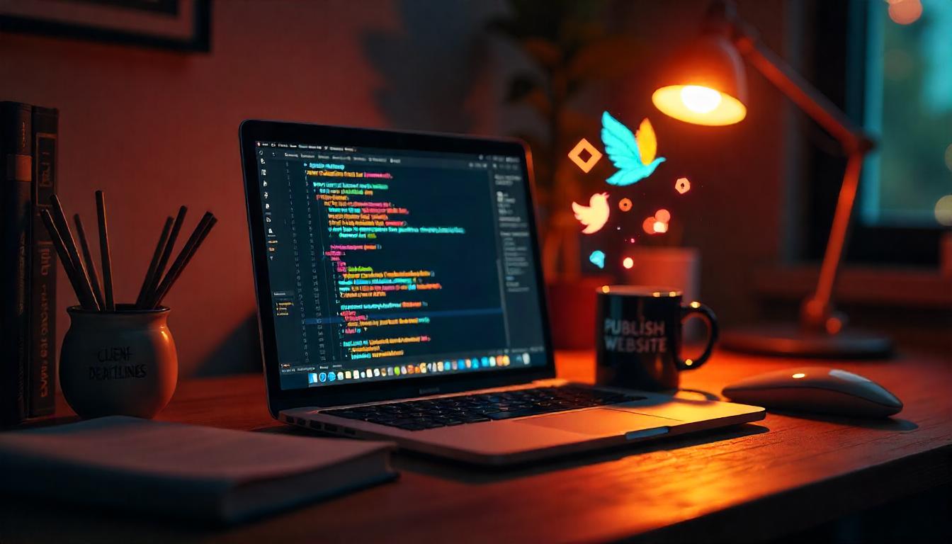 A laptop with codes and a mug text written publish website