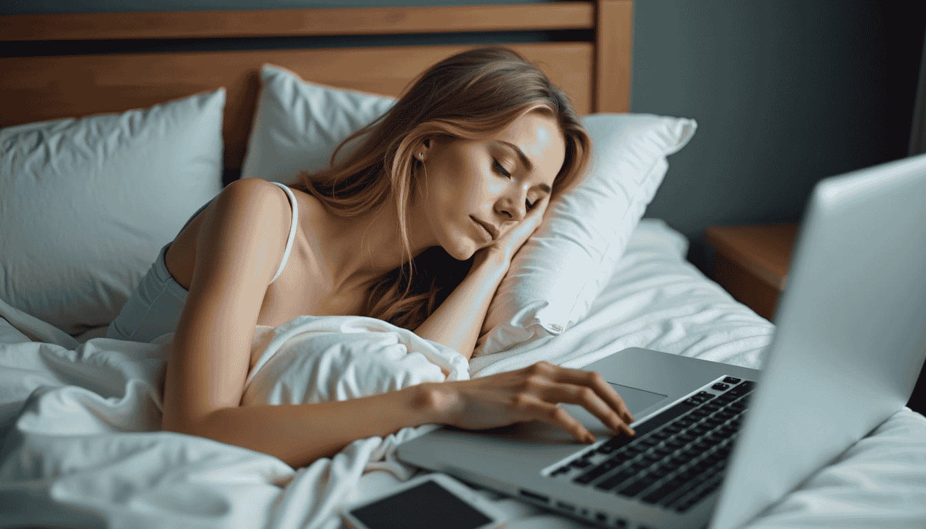 Woman busy in bed during weekend