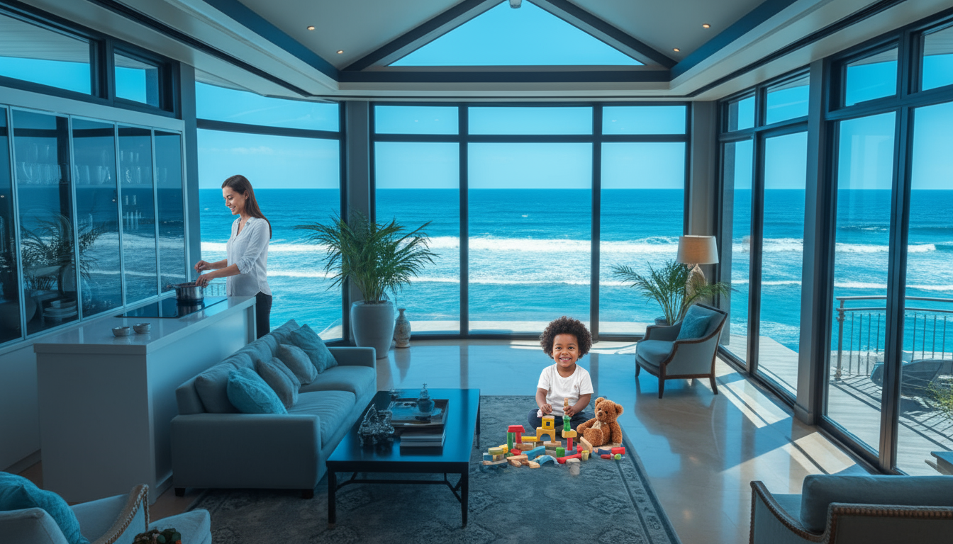 A stylish home with wide windows giving glance of sea. Mom cooking in open kitchen and kid playing