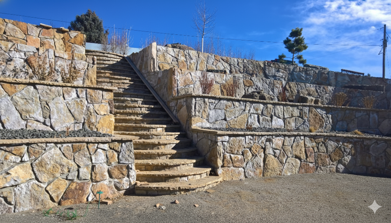 Multi-level natural stone retaining walls and matching stone stairs in a terraced backyard landscape.