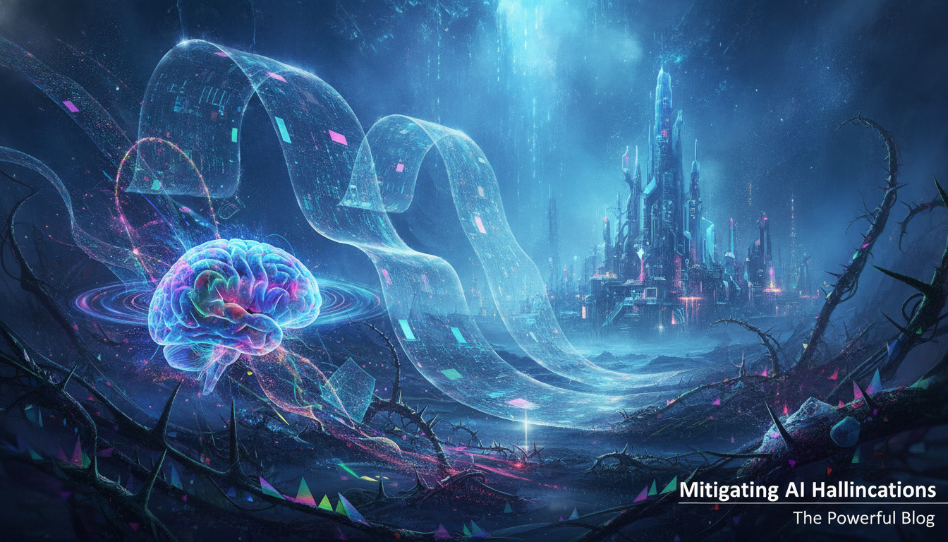 A surreal representation of artificial intelligence hallucinations, featuring an ethereal landscape 