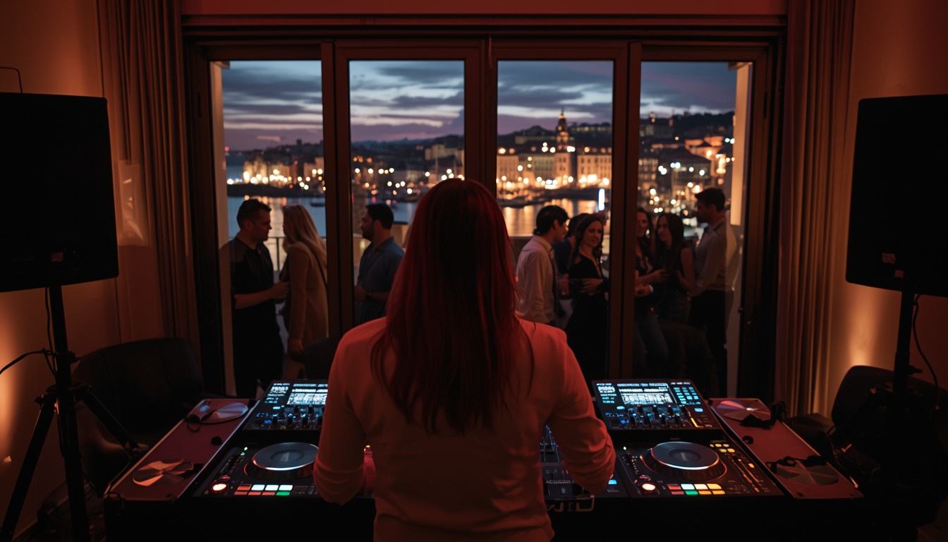 Uma DJ mixando música em uma sala com vista para a cidade.